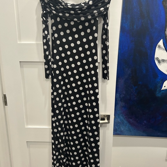 AFRM Thelma Dress Polka Dot Maxi Off The Shoulder Black and White Dress - Picture 4 of 6